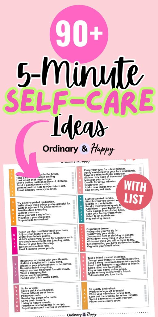 over 90 5-minute self-care ideas with a pink arrow pointing to a list of the ideas on a pink background