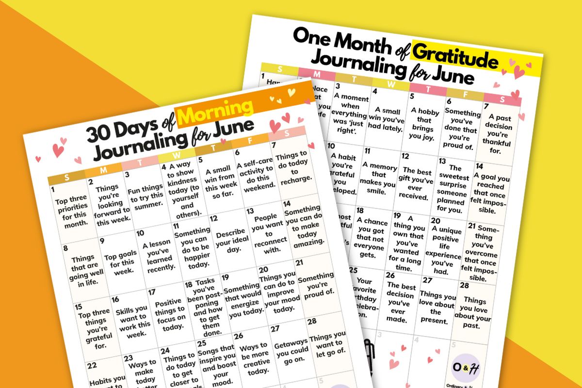 two journaling for june 30-day calendars displayed one overlapping the other on an orange and yellow background