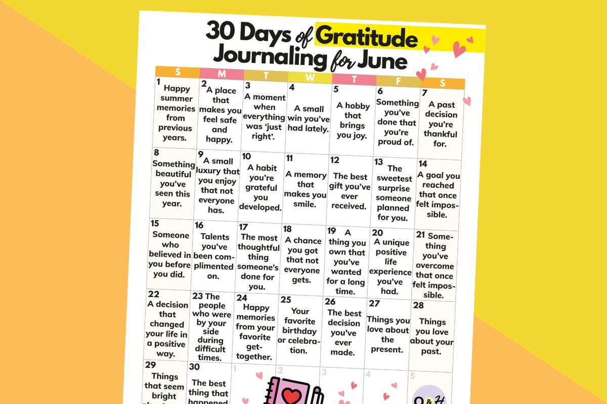 a june 30-day calender of gratitiude journaling prompts on white paper against an orange and yellow 2-color background