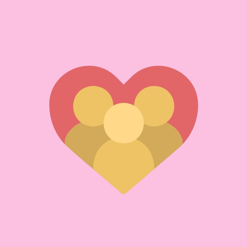 three simple human silhouettes representing family inside a red heart on a pink background