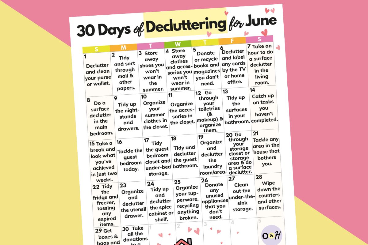 partially visible printable of a 30-day decluttering calendar for june on a two-color pink and yellow background