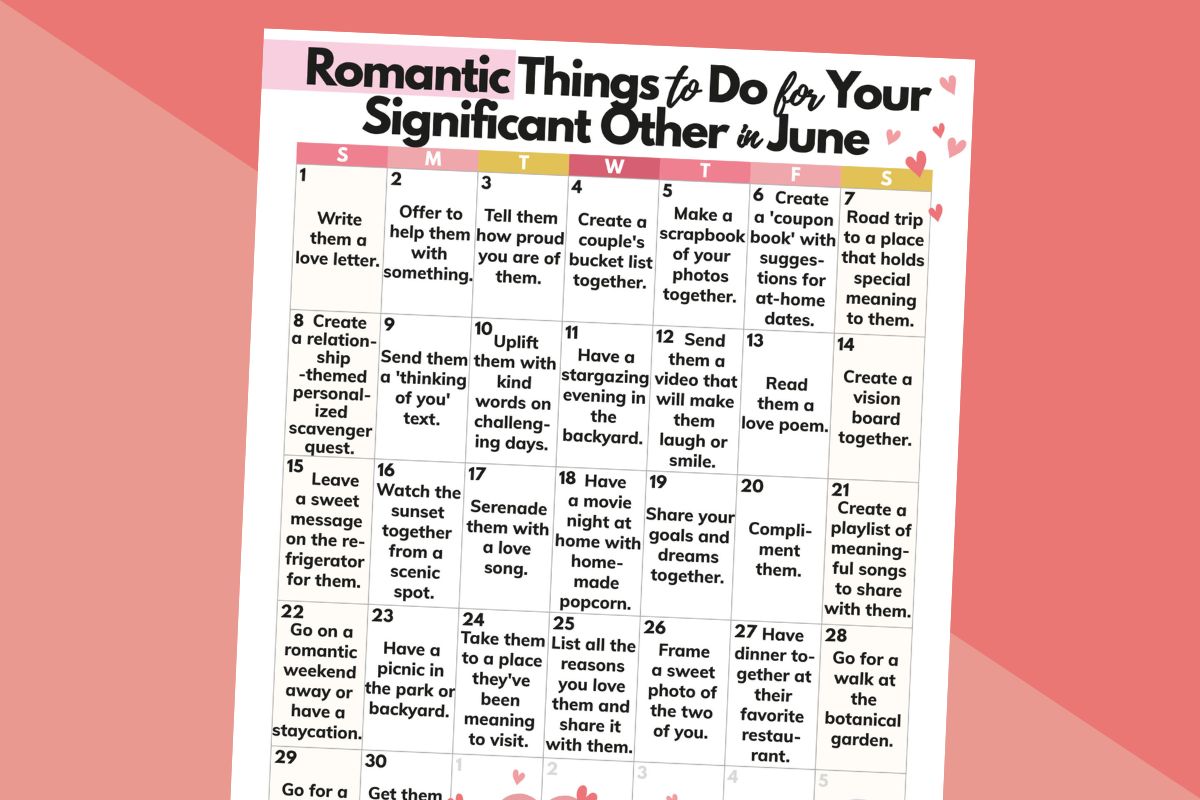 list of romantic things to do with your significant other in june on a 30-day white calendar against a red and pink background
