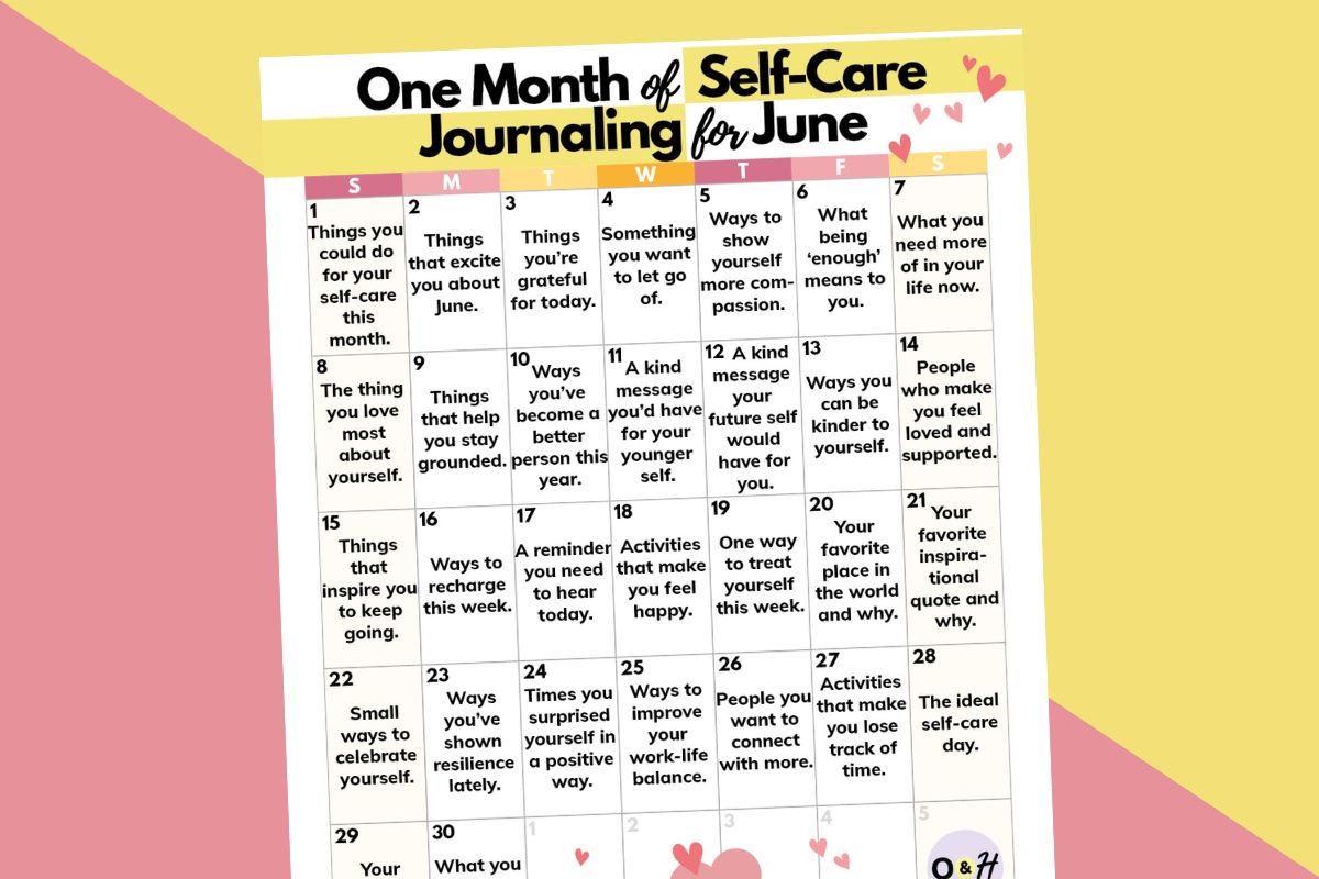 partially visible 30-day calendar of self-care journaling ideas for the month of june against a yellow and pink 2-color background