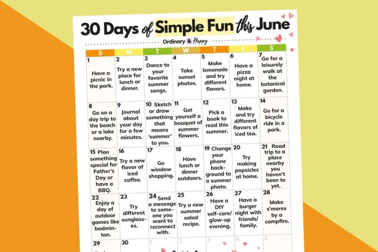a 30-day june calendar tilted displaying 30 days of simple fun activities, one in each of the days, against a 2-color orange background