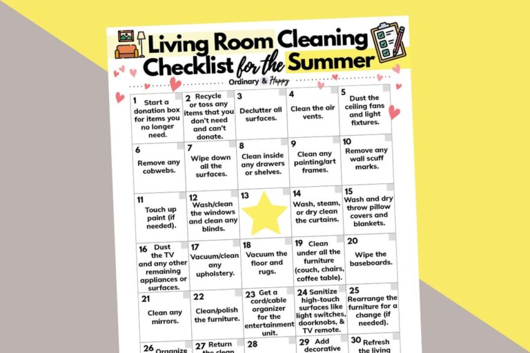 living room cleaning checklist for summer with the ideas in a grid on a white printable against a yellow and pink 2-color background
