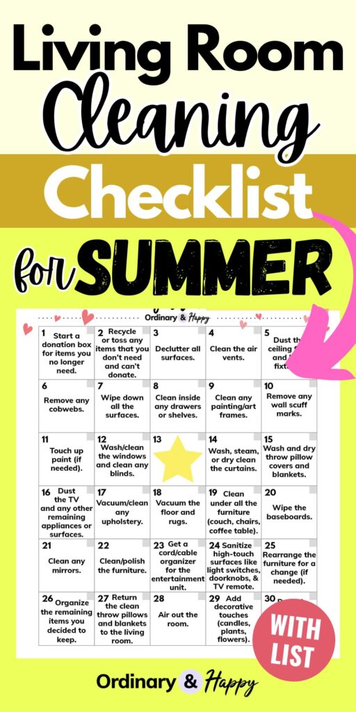 living room cleaning checklist for summer header in a bold font with a pink arrow pointing to the checklist printable you can get in the article