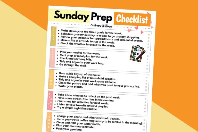 white printable sunday prep checklist with 25 items displayed on a pale yellow and orange two-color background