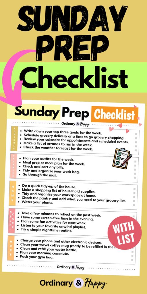 sunday prep checklist heading on an orange background with an arrow pointing to the checklist printable you can get in the article