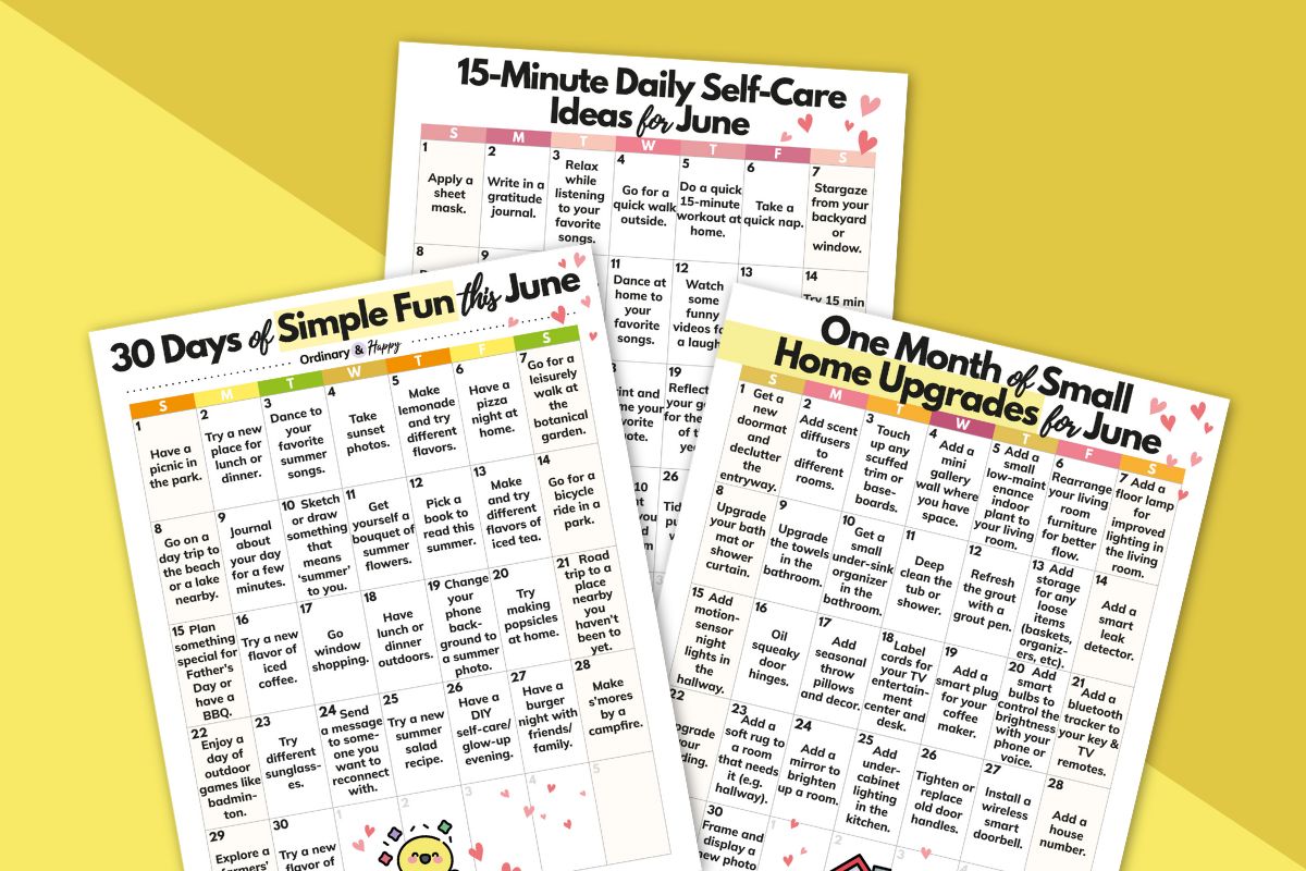three 30-day calendars full of activities for june laid out on a 2-color orange and yellow background