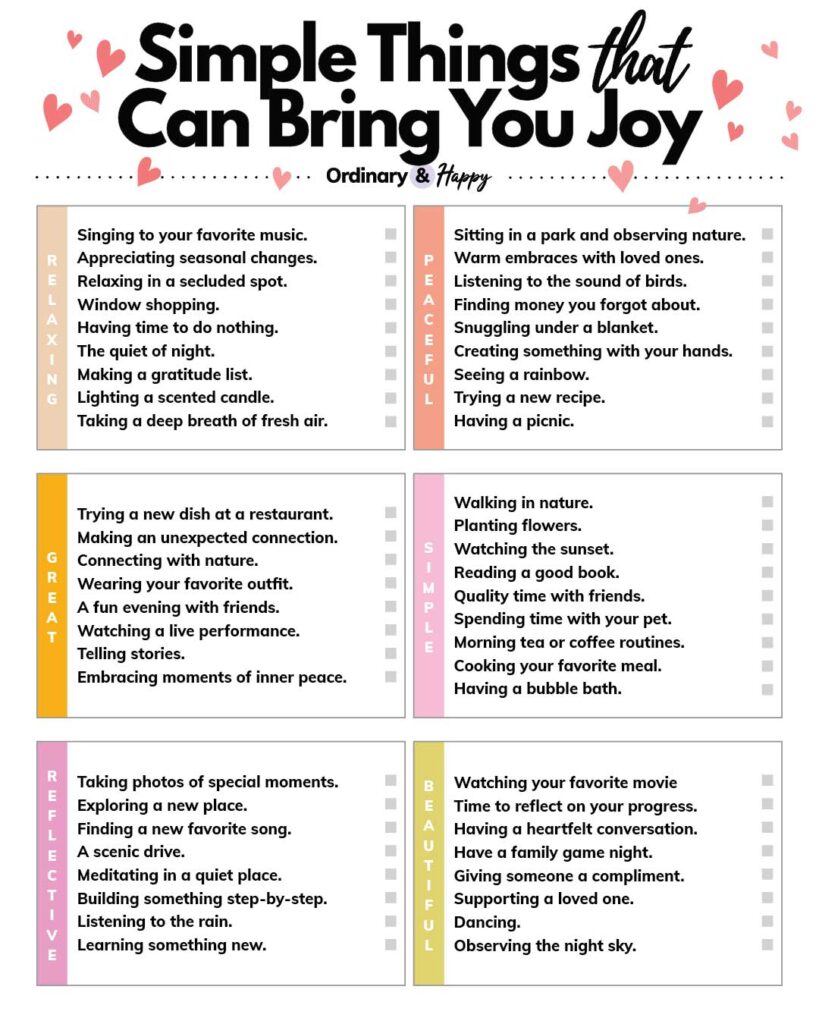 a list of over 50 ideas of simple things that can bring you joy split into 6 colored section with up to 10 ideas in each section stacked in a 2 by 3 formation