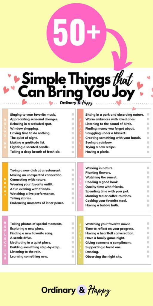 a 50+ roundall with a pink arrow pointing to a list of simple things that can bring you joy with the ideas listed in 6 different color-coded sections on a white printable against a light yellow background