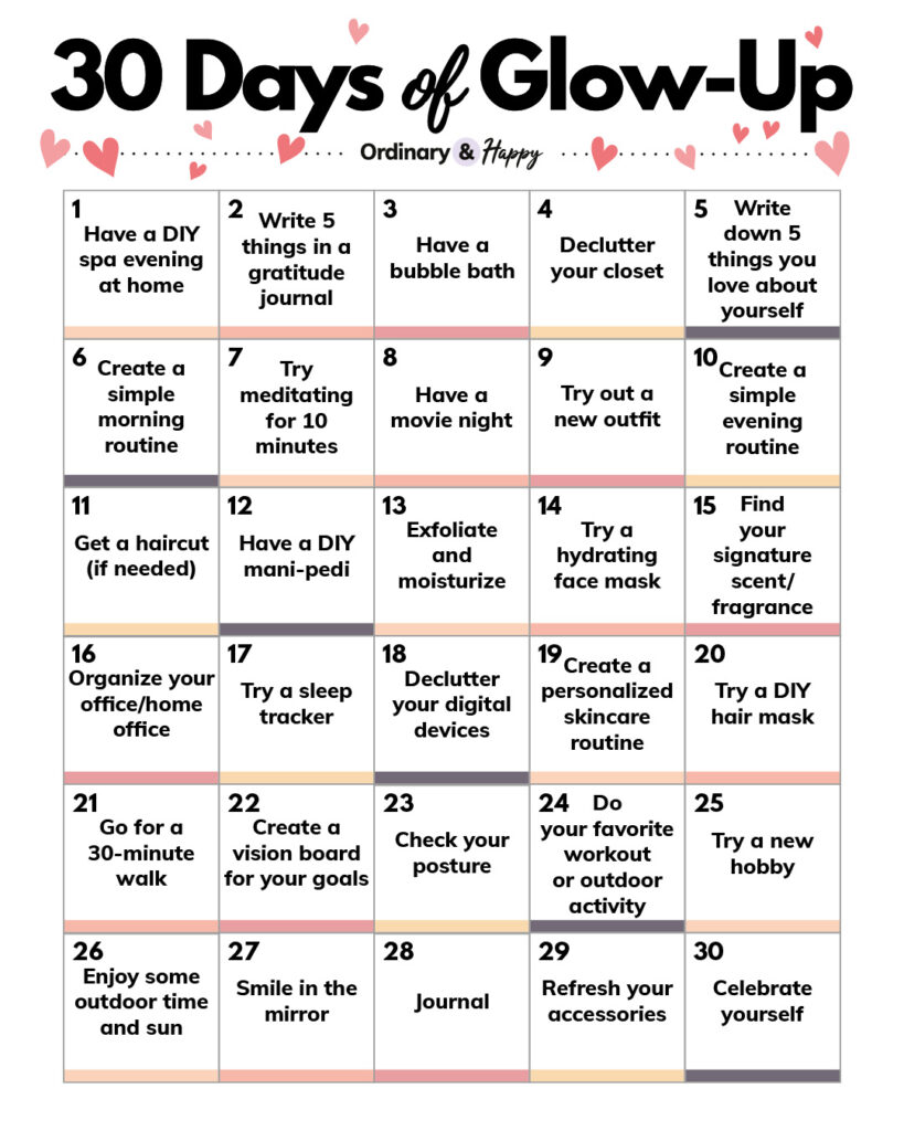 a 5 by 6 grid displaying a numbered list of 30 days of glow up ideas