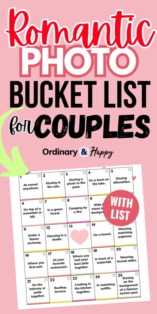 romantic photo bucket list for couples on a pink background with a yellow arrow ponting to a white bingo card displaying all the photo ideas