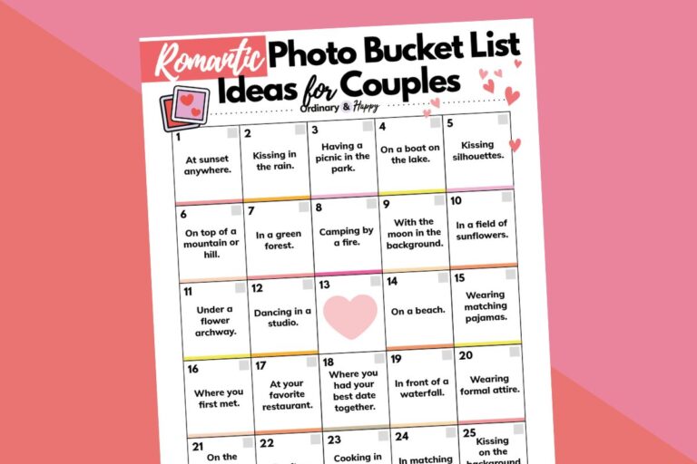 a printable bingo card of romantic photo bucket list ideas for couples on white against a pink and red background