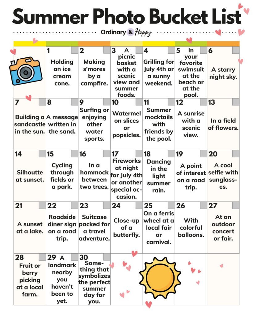 list of 30 summer photo bucket list ideas displayed in a calendar