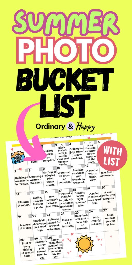 summer photo bucket list text on a yellow background with a pink arrow pointing to the printable of the bucket list ideas