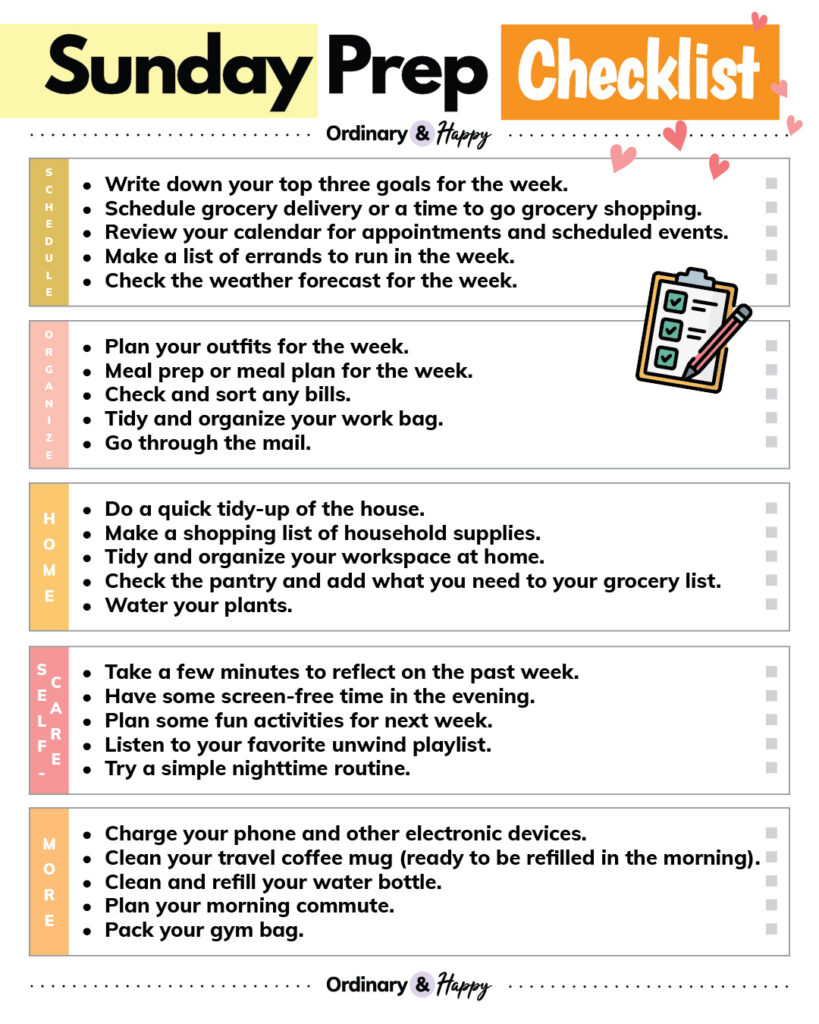 sunday prep checklist printable displaying 25 checklist items split into categories of schedule, organize, home, self-care, and more on a white background