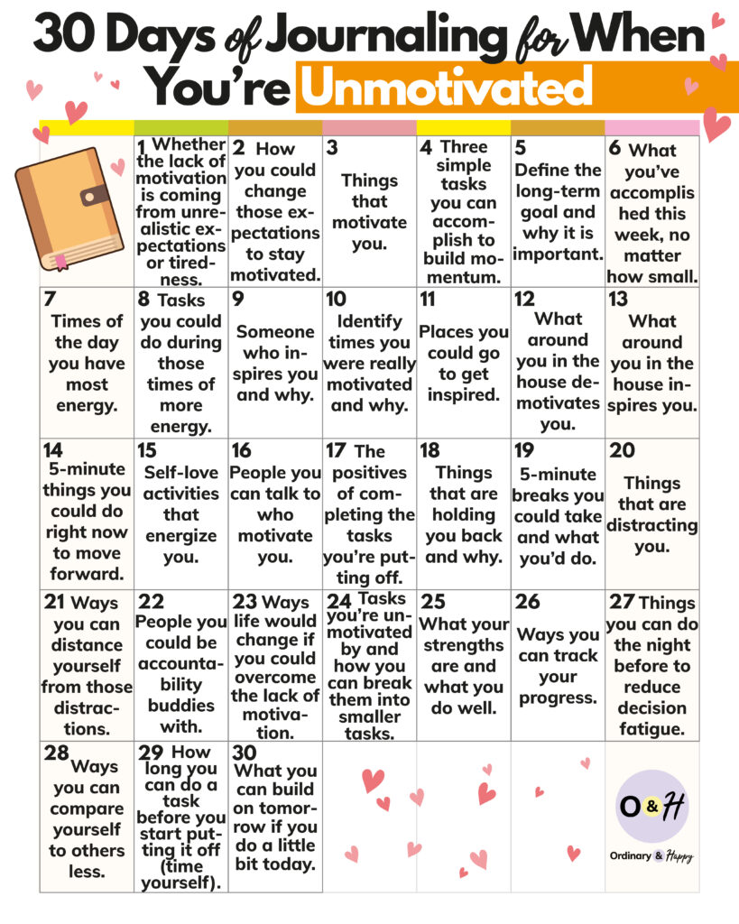 a 30-day calendar displaying 30 journaling prompts for when you're feeling unmotivated in a 7x5 grid