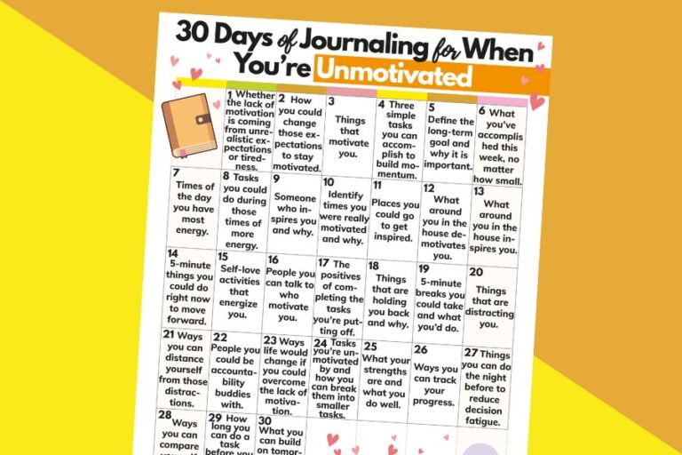 a 30-day journaling for when you're feeling unmotivated calendar printable laid on a 2-color yellow and orange background