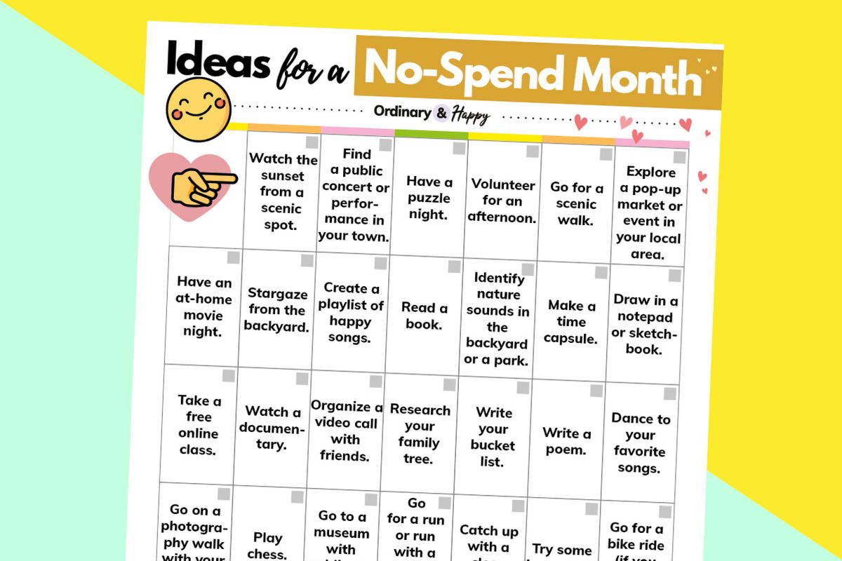 partially visible printable of 30 no spend activities on a 30 day calendar against a pink and orange 2-color background
