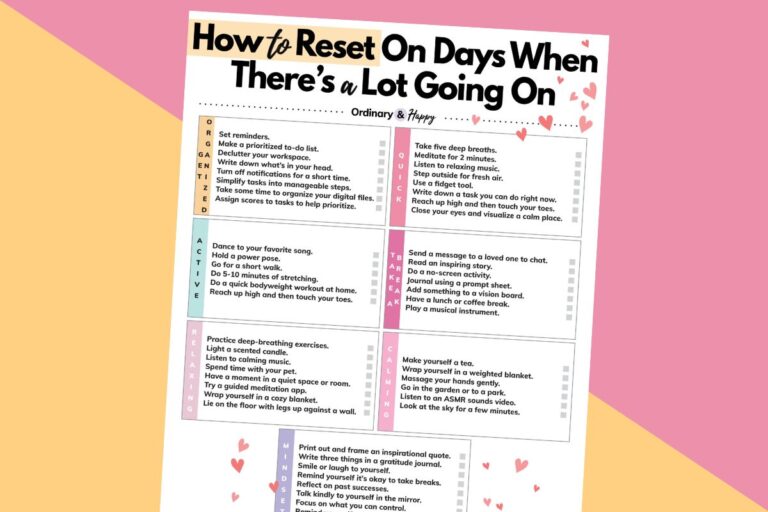 a printable list of ways to reset on days there's a lot going on displaying over 50 ideas with the sheet laid out on a 2-color pink and pale yellow background
