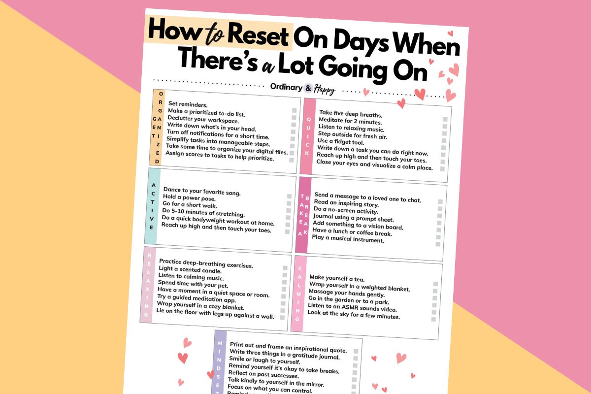 a printable list of ways to reset on days there's a lot going on displaying over 50 ideas with the sheet laid out on a 2-color pink and pale yellow background