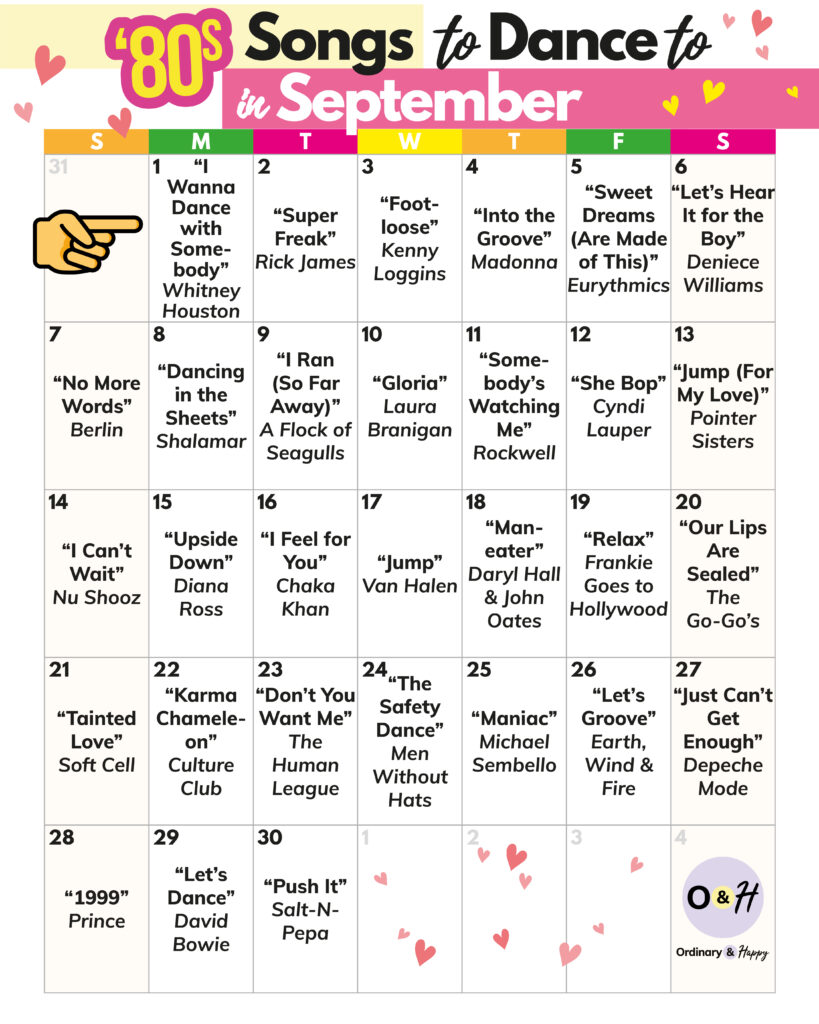 calendar of 30 80s songs to dance to in September with color-coded days of the week