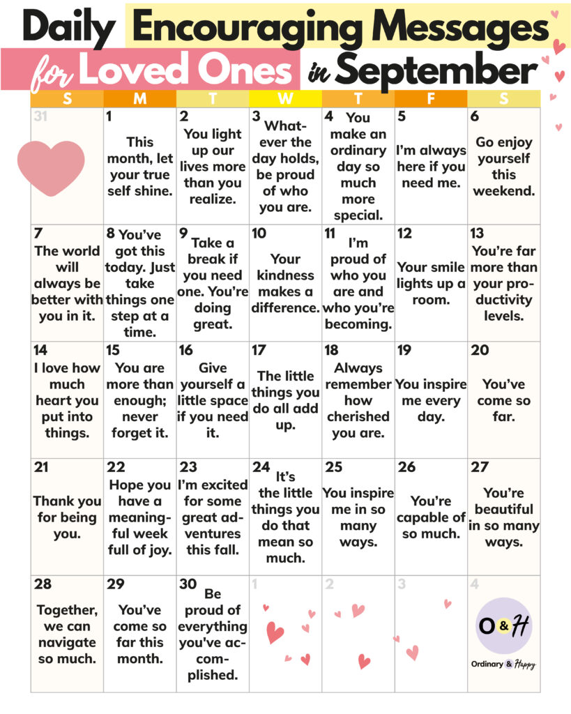 30 encouraging messages for loved ones displayed in a 7x6 30-day calendar for the month of september with color-coded days of the week