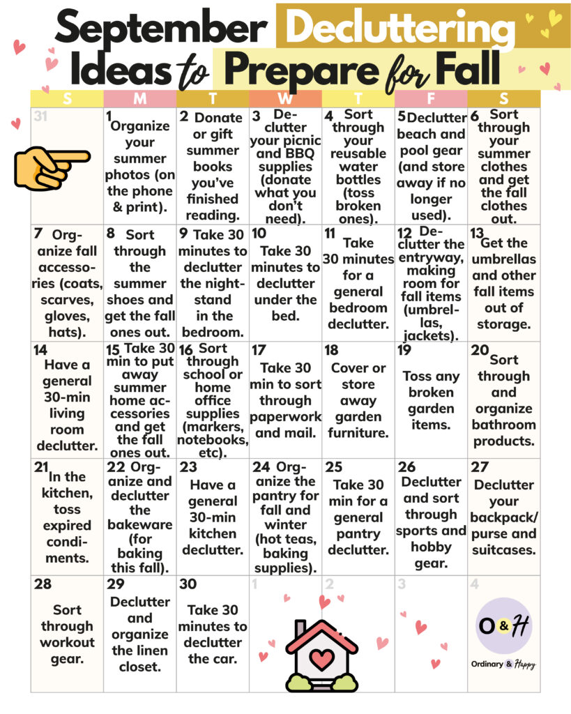 30-day decluttering calendar for september displaying 30 daily ideas to declutter the house in a 7x6 grid format with color-coded days of the week