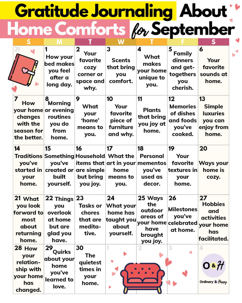 home-comfort themed gratitude journaling calendar for september displaying 30 ideas to journal about in a 7x6 format grid