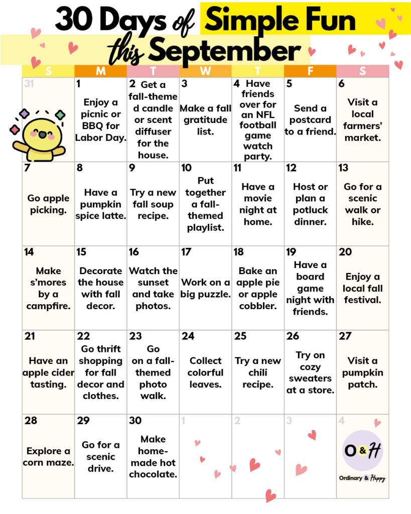30-day calendar of simple fun ideas to do every day for the month of september in a color-coded 7x6 grid