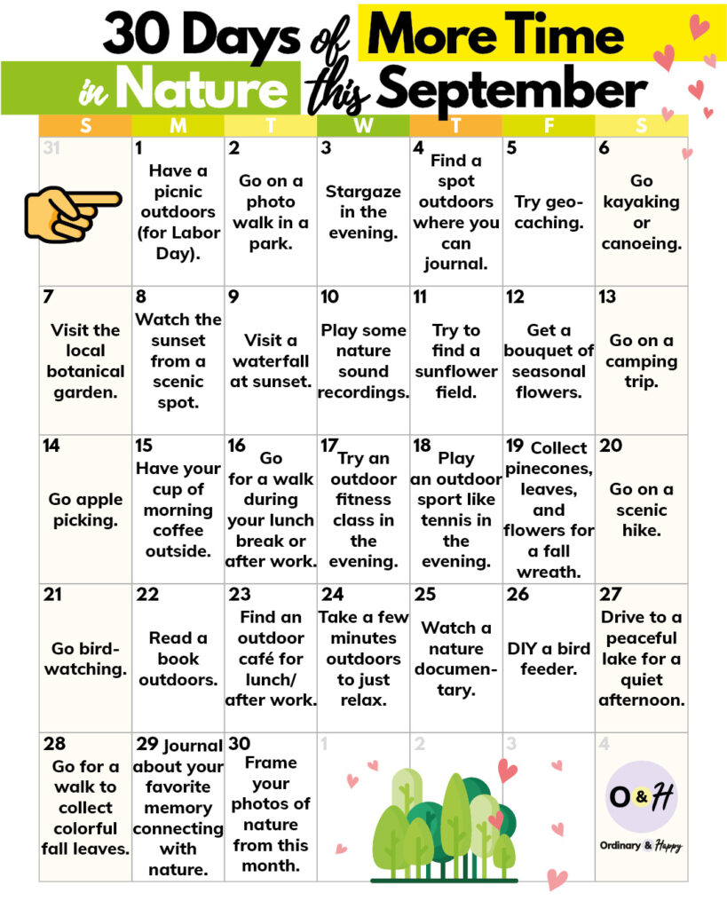 30 days of spending more time in nature calendar for the month of september displaying 30 ideas for the whole month