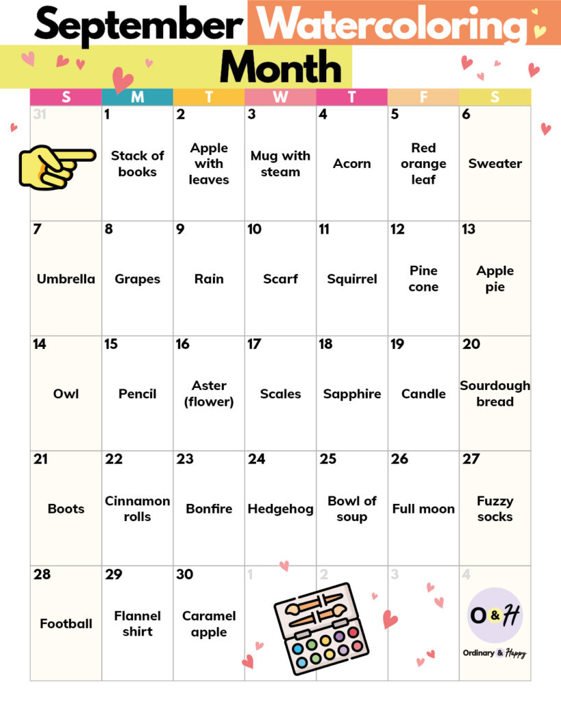 one month of watercoloring ideas laid out in a september calendar with daily suggestions