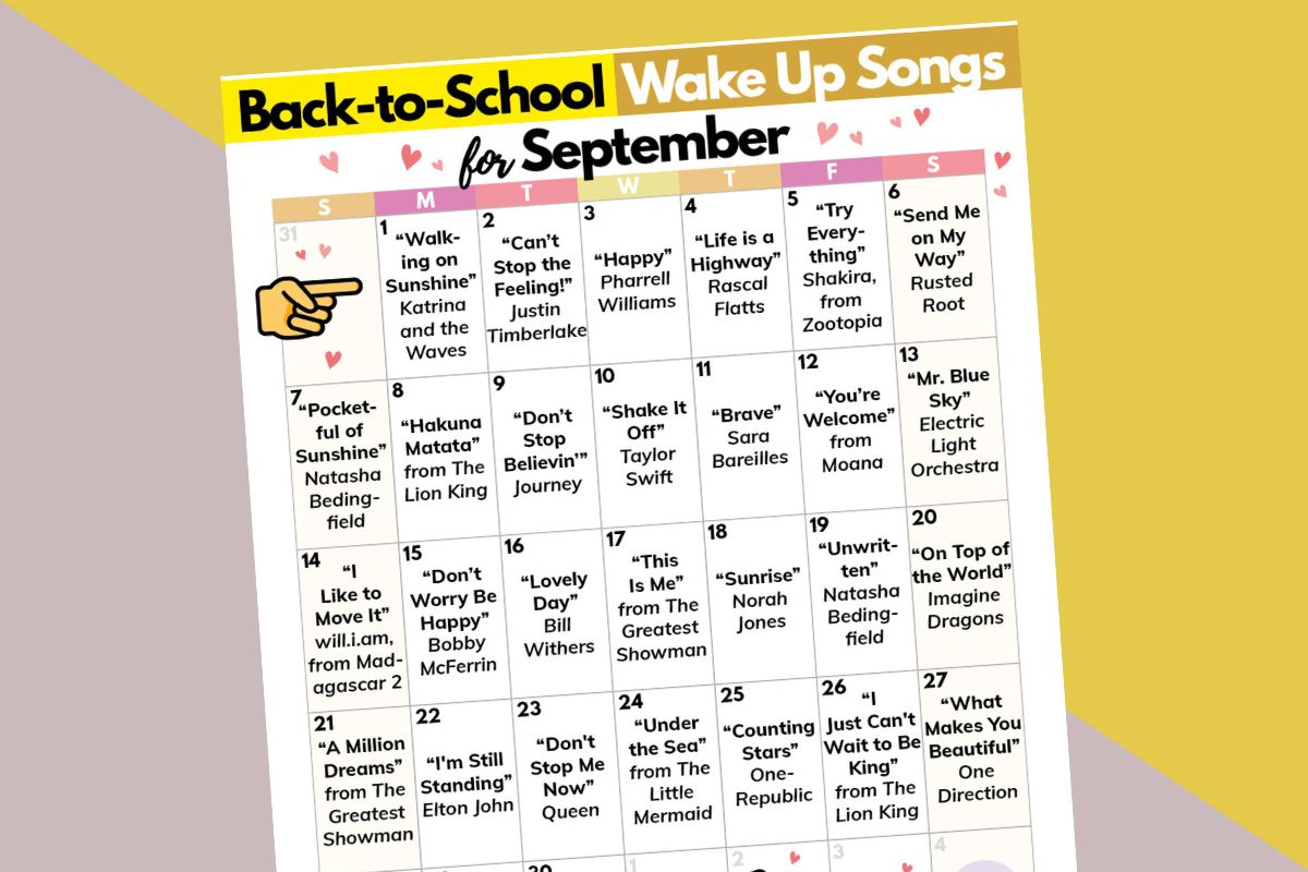 a printable of september back to school wake up songs in a calendar laid out on a pink and orange 2-color background
