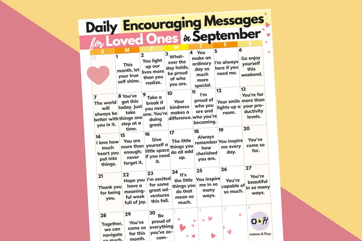 a 30-day calendar of daily encouraging messages to use to check in with loved ones on a 2-color pink and orange background