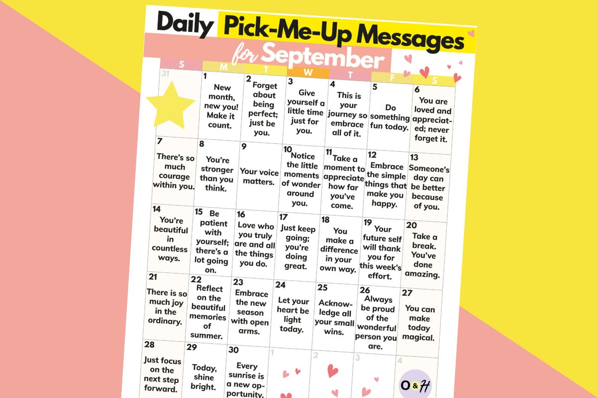 partially visible printable calendar of daily pick-me-up messages in a 7x6 30-day gride on a pink and yellow background