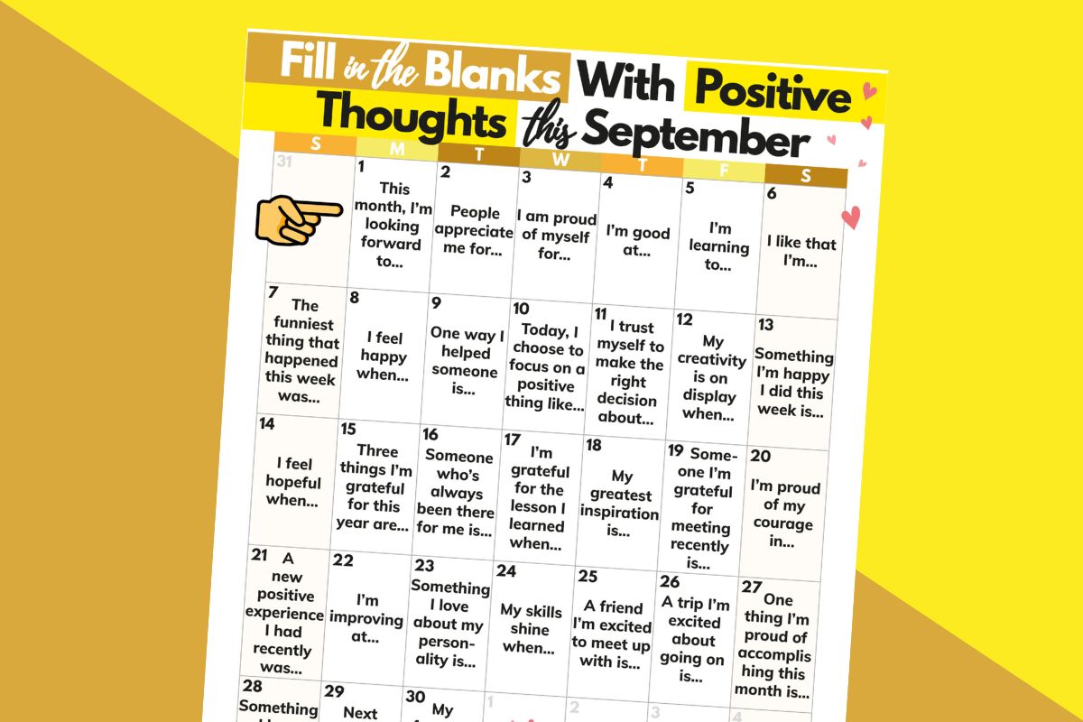 a calendar of 30 days of unfinished statements for the user to fill in the blanks with positive thoughts for the month of september, displayed on a 2-color diagonal orange and yellow background
