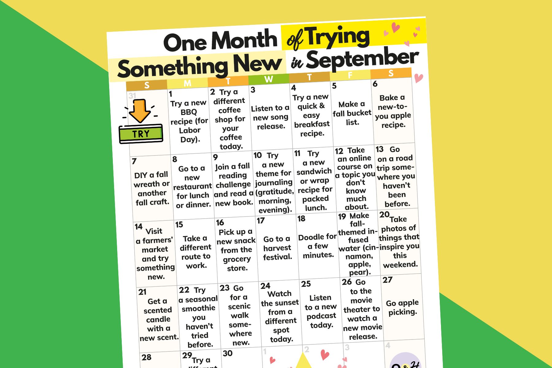partially visible printable 30-day calendar of suggestions for trying new things for the month of september on a green and yellow 2-color background