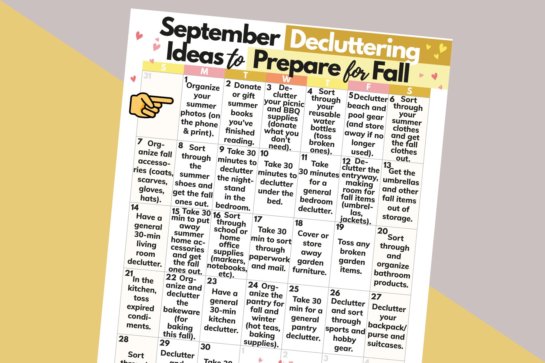 partially visible september decluttering calendar printable on an orange and pink background