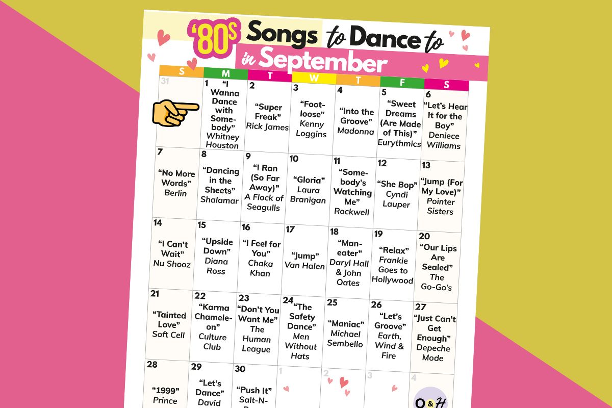 30-day calendar of 80s songs to dance to in september on a pink and green background