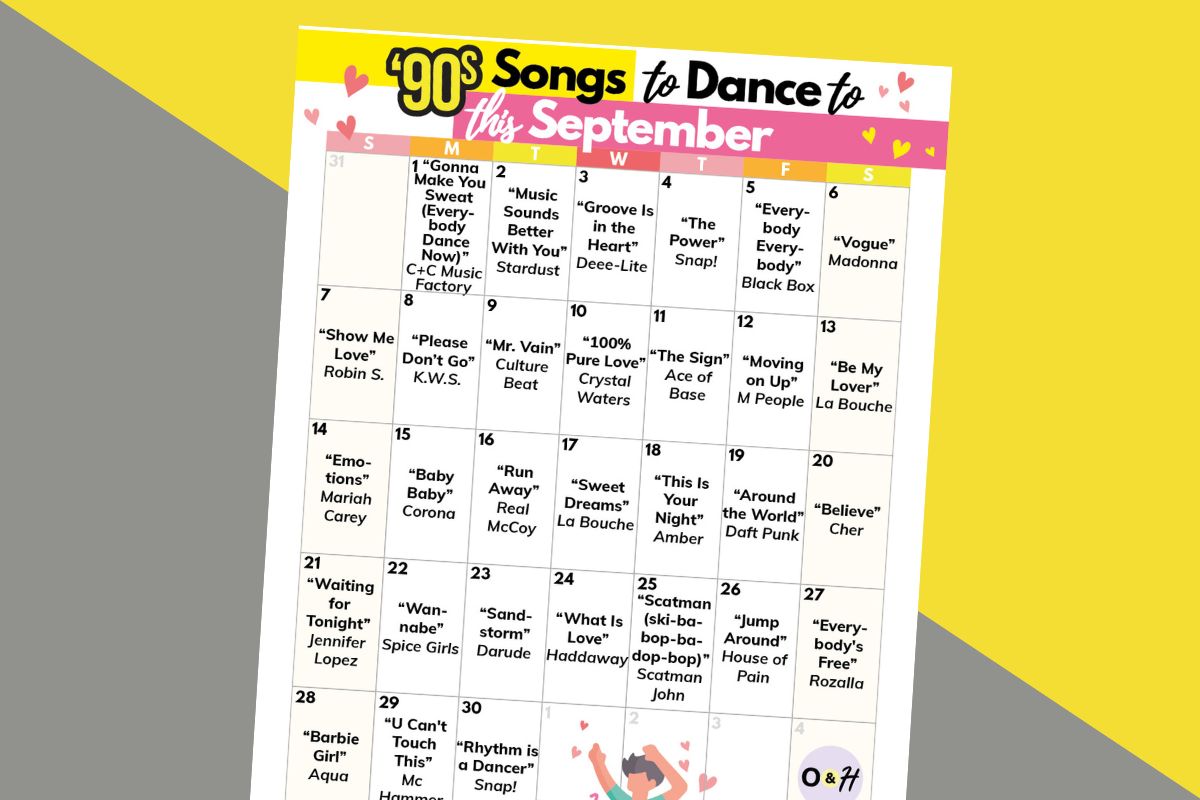 30-day printable calendar of 90s songs to dance to laid out on a 2-color diagonal pink and yellow background
