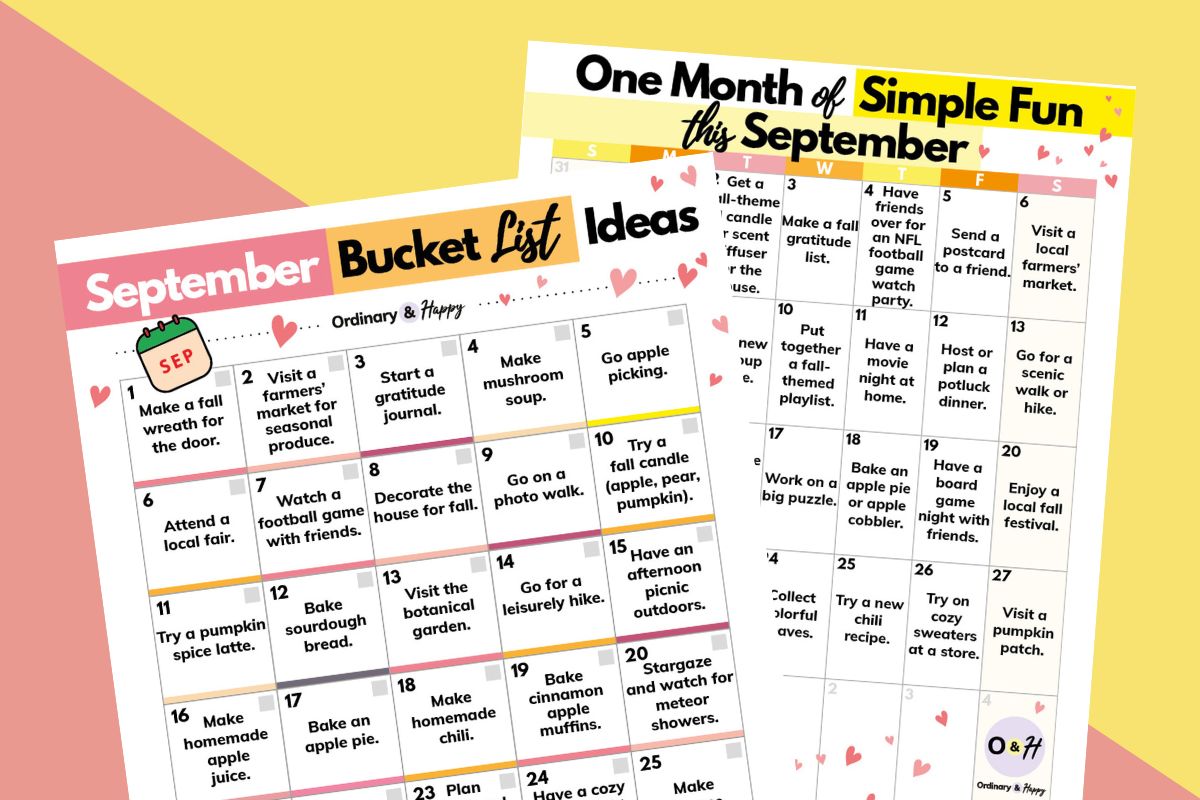 two calendars, a bucket list and simple fun ideas, for the month of september displayed on a pink and orange diagonal background
