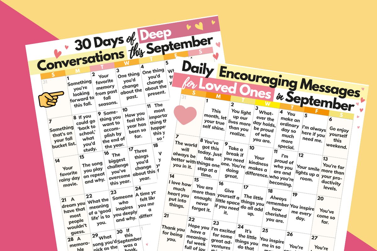 two september calendars with deep conversation ideas and daily encouraging messages laid out on a light orange and pink diagonal background