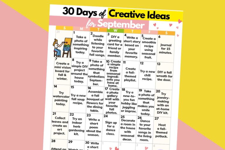 calendar of 30 ideas for creative activities for the month of september displayed on a pink and yellow 2-color background