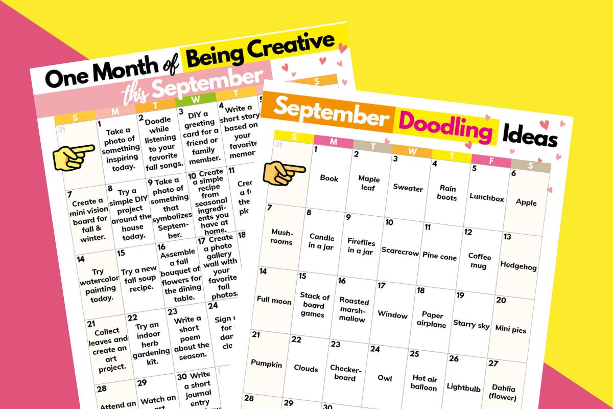 a month of creative ideas and a doodling calendar for september displayed on a yellow and pink background