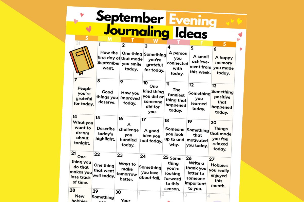 partially visible calendar of 30 evening journaling ideas for the month of september displayed on a diagonal 2-color yellow and orange background