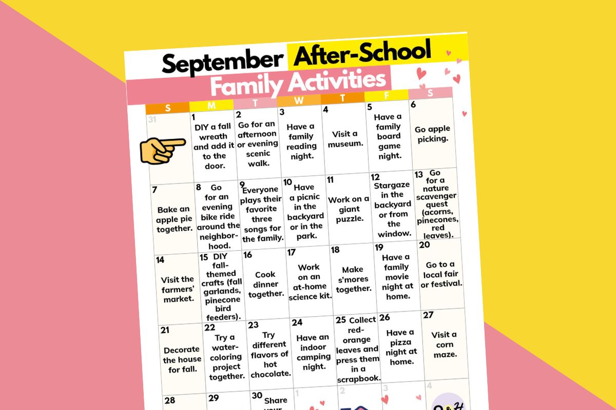 september after-school family activities displayed one a day on a 30-day calendar against a 2-color orange and pink background