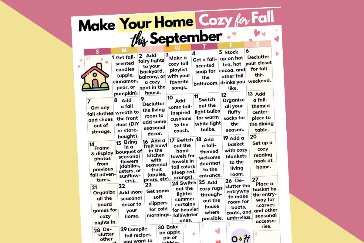 a calendar of 30 ideas to make your home cozy for fall in september displayed on a light yellow and dark pink 2-color background