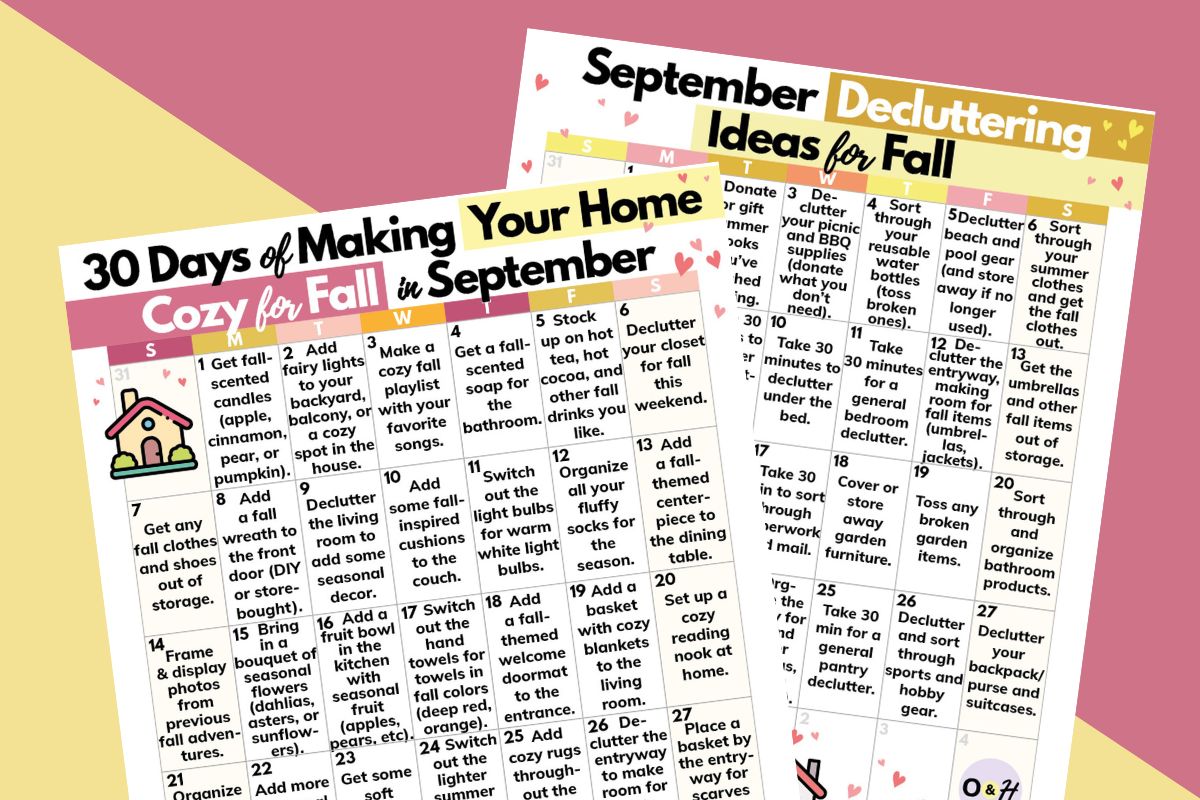 september decluttering and september ideas for making your home ready for fall displayed on a 2-color pink and beige background