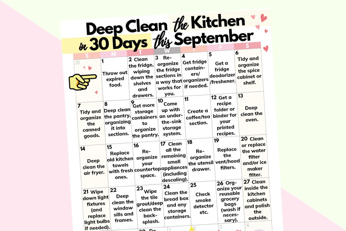 printable calendar of 30 days of kitchen deep cleaning on a pink and beige background
